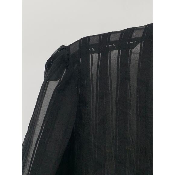 ZARA Women's Black Sheer Striped Regular-Fit Button-Up Long Puff Sleeve Top SZ L - Picture 4 of 10